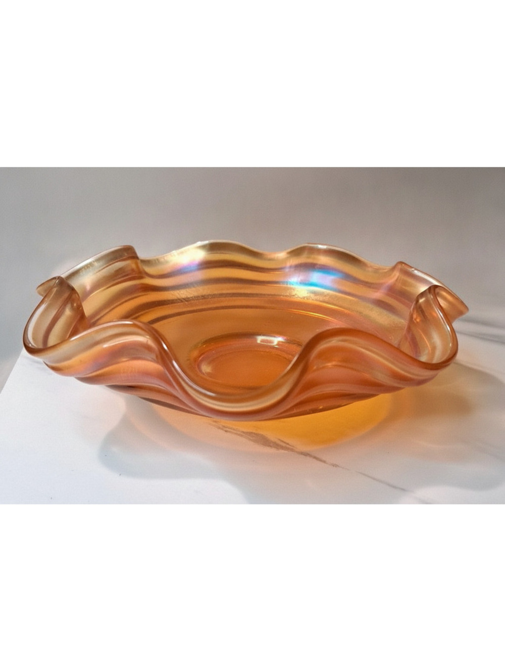 Vintage Marigold Orange Iridescent Carnival Glass Footed Ruffled Bowl 7"